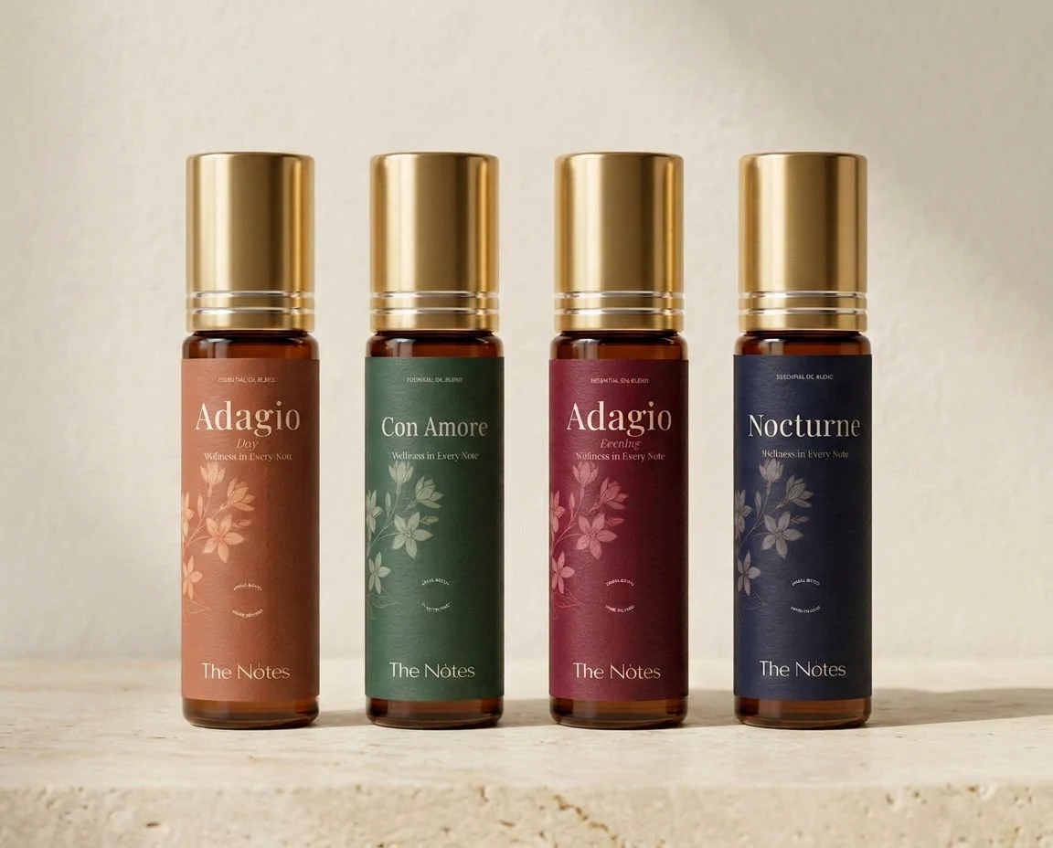 The Discovery Set: Adagio Day, Con Amore, Adagio Evening and Nocturne 5 ml roll-on bottles side by side